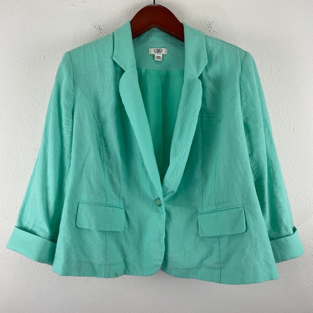 Cato Woman Seafoam Green Linen Blend Blazer Jacket Plus Size 18/20W Cropped